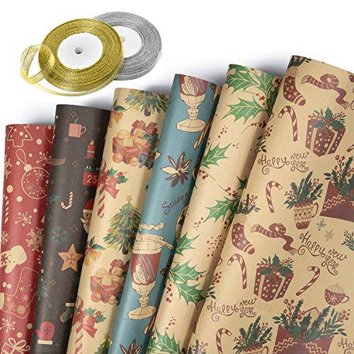 Jolintek Navidad Papel Kraft Papel de Regalo, 6 Hojas Papel para Envolver Regalos Diseño de Papel Kraft con 2 Rollo Cinta de Organza, Papel Embalar para Navidad, Cumpleaños, Fiesta, 70x50cm