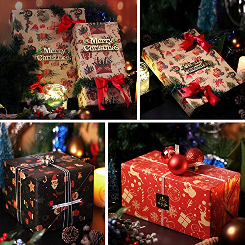 Jolintek Navidad Papel Kraft Papel de Regalo, 6 Hojas Papel para Envolver Regalos Diseño de Papel Kraft con 2 Rollo Cinta de Organza, Papel Embalar para Navidad, Cumpleaños, Fiesta, 70x50cm