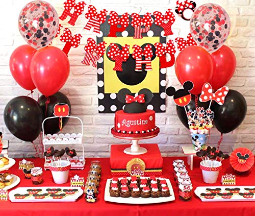 Jollyboom Artículos para Fiestas temáticas de Mickey y Minnie Globos de Guirnalda de Minnie Rojo y Negro Banner de Feliz cumpleaños para Baby Shower de cumpleaños