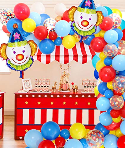 Jollyboom Kit de Arco de Guirnalda de Decoraciones de Fiesta de Circo con Globos de Circo Globos de látex Azul Amarillo Rojo para Tema de Carnaval Cumpleaños Baby Shower