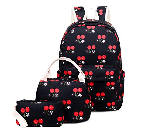 Joymoze Set de Bolsos para Libros con Bolsa Escolar Linda y Ligera, Bolso con Asas para el Almuerzo y Estuche Cerezo Negro