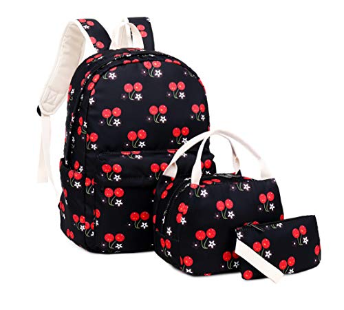 Joymoze Set de Bolsos para Libros con Bolsa Escolar Linda y Ligera, Bolso con Asas para el Almuerzo y Estuche Cerezo Negro