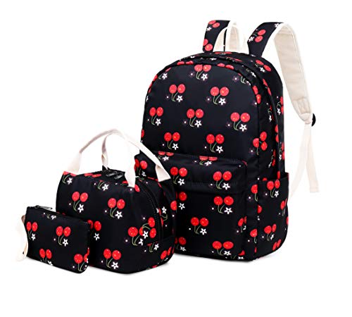 Joymoze Set de Bolsos para Libros con Bolsa Escolar Linda y Ligera, Bolso con Asas para el Almuerzo y Estuche Cerezo Negro