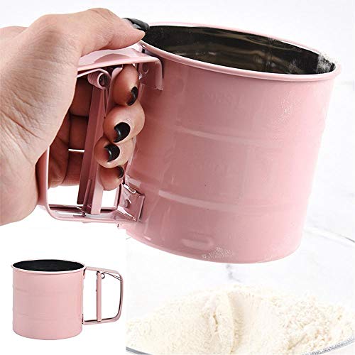 Jroyseter Held Acero Inoxidable Semi automática de la Mano de la harina Tamiz Mano presiona Bicarbonato de Herramienta del hogar del Equipo de Cocina Cooking (Pink)