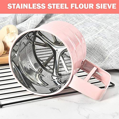 Jroyseter Held Acero Inoxidable Semi automática de la Mano de la harina Tamiz Mano presiona Bicarbonato de Herramienta del hogar del Equipo de Cocina Cooking (Pink)