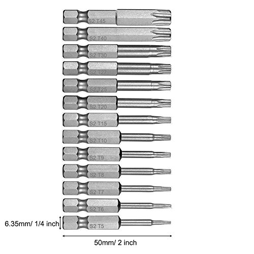 Juego de 13 brocas de destornillador de 1/4 pulgadas, AFUNTA S2, vástago hexagonal de acero T5-T40, cabeza torx magnética, seguridad a prueba de manipulaciones, estrella de 6 puntos