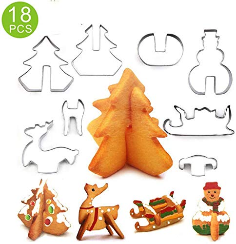 Juego de 18 moldes de Navidad 3D de acero inoxidable DIY molde molde de galletas DIY herramientas para hornear decoración