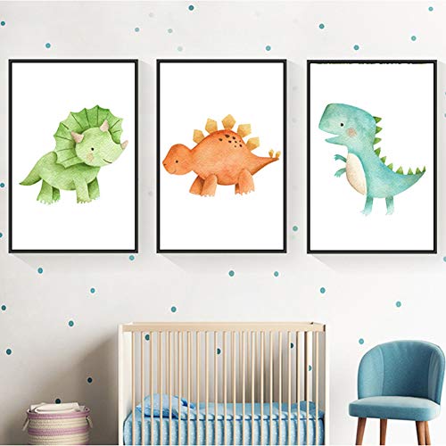 Juego de 3 Cuadros Infantiles Dinosaurio colorido de dibujos animados Láminas Impresión en Lienzo Decoración Habitación Bebé pared Regalo Sin Marco(A4)