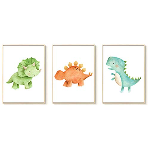 Juego de 3 Cuadros Infantiles Dinosaurio colorido de dibujos animados Láminas Impresión en Lienzo Decoración Habitación Bebé pared Regalo Sin Marco(A4)