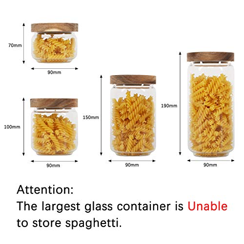 Juego de 4 recipientes de almacenamiento de alimentos con tapa de madera de borosilicato, seguro para pasta, cereal, harina, nueces, para la cocina y la organización de despensa.