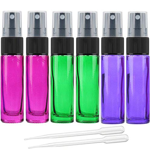 Juego de 6 botellas vacías de 10 ml con atomizador de vidrio de color de vidrio con pulverizador fino – Incluye 2 pipetas de transferencia, de Alledomain