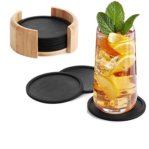 Juego de 8 posavasos redondos de goma para vasos, incluye caja I, color gris oscuro para bebidas, tazas, bar, cristal I Premium