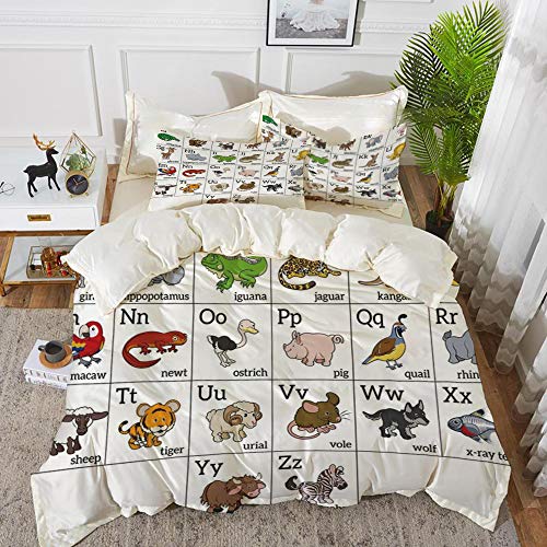 Juego de cama, microfibra,Educativo, tabla de aprendizaje del alfabeto con animales de dibujos animados nombres letras mayúsculas y m,1 juego de funda nórdica 135 x 2002 fundas de almohada 50x80cm