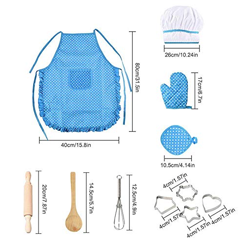 Juego de delantales para niños, juego de cocción de cocinero con delantal, sombrero de cocinero, manopla de cocina, otros utensilios para bebés y chef (11 piezas), azul