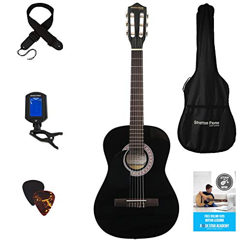 Juego de guitarra infantil clásica con cuerdas de nailon, para zurdos, tamaño 3/4 (91,44 cm), negra