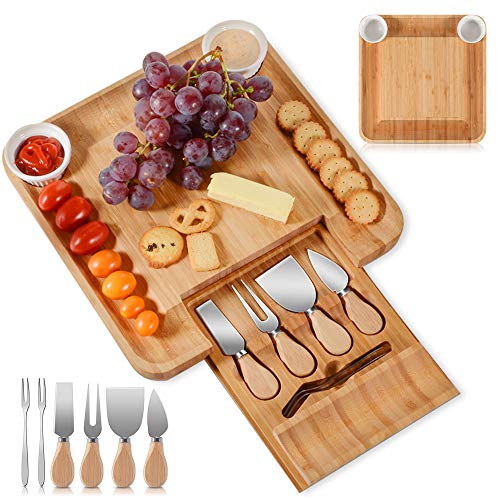 Juego de platos de bambú para queso, cajón oculto para cubiertos, 2 cuencos de cerámica para poner esparcidas, regalo de calentamiento de casa y bandeja de comida perfecta para fiestas, cenas, picnics