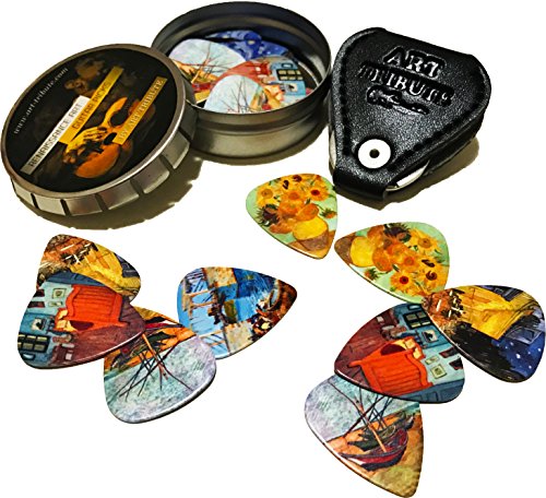 Juego de púas de guitarra de obras de Vincent Van Gogh – Set de regalo para guitarristas – Pack de 12 púas de celuloide de dureza media + caja de lata + portapúas – Oferta por tiempo limitado
