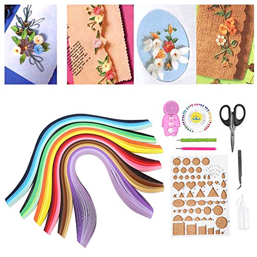 Juego de quilling de papel con pinzas, medidor de curvas, tijeras, bolígrafo de papel de cabeza larga y quilling, botella dispensadora, pasador de perlas, plantilla, dibujo lineal de borrador