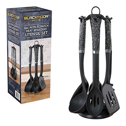 Juego de utensilios de 6 piezas Blackmoor Home 66779 | Antirayaduras y resistentes al calor | Plástico sin BPA | Dispensador de utensilios de cocina que ahorra espacio, vibrante y moderno | Negro