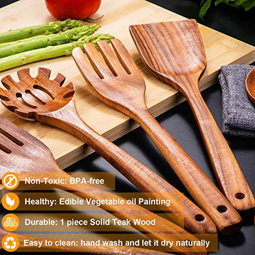 Juego de utensilios de cocina de madera, 7 cucharas de madera de teca natural y espátula para utensilios de cocina elegantes, vendidos y antiadherentes para uso doméstico y decoración de cocina