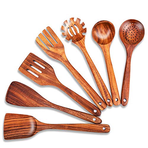 Juego de utensilios de cocina de madera, 7 cucharas de madera de teca natural y espátula para utensilios de cocina elegantes, vendidos y antiadherentes para uso doméstico y decoración de cocina