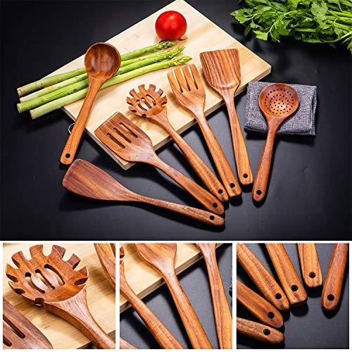 Juego de utensilios de cocina de madera, 7 cucharas de madera de teca natural y espátula para utensilios de cocina elegantes, vendidos y antiadherentes para uso doméstico y decoración de cocina