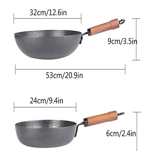 Juego manual de hierro de 3 piezas Juego de utensilios de cocina Mango de madera largo Antiescendiente con tapa Sopa Olla Wok Sartén Moho Y Física Antiadherente Sartén 2 * Cubierta de abeto