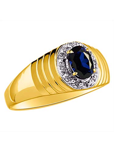 Juego y Natural Oval Azul zafiro anillo de diamante en chapado en oro amarillo de tuerca de plata