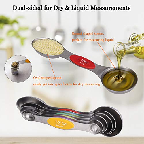 Juegos de Cucharas Medidoras Magnéticas de Acero Inoxidable de Doble Cara Apilable Portátil de Medición de Cucharas Set para Ingredientes Líquidos y Secos, Juego de 7 (Multicolor)