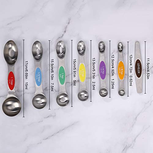 Juegos de Cucharas Medidoras Magnéticas de Acero Inoxidable de Doble Cara Apilable Portátil de Medición de Cucharas Set para Ingredientes Líquidos y Secos, Juego de 7 (Multicolor)