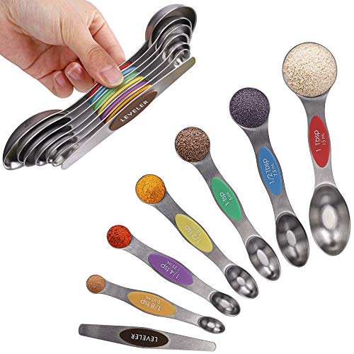 Juegos de Cucharas Medidoras Magnéticas de Acero Inoxidable de Doble Cara Apilable Portátil de Medición de Cucharas Set para Ingredientes Líquidos y Secos, Juego de 7 (Multicolor)