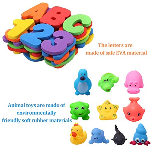 Juguetes para el Baño-Letras y Números+Juguetes de Sonido Toy Diverdidos Lindos para Agua Piscina Baño,Goma Flotante Floating Baby Bath Toys con baño Sucker Mesh Bolsa de Almacenamiento para bebés