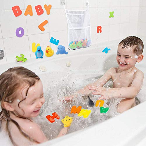 Juguetes para el Baño-Letras y Números+Juguetes de Sonido Toy Diverdidos Lindos para Agua Piscina Baño,Goma Flotante Floating Baby Bath Toys con baño Sucker Mesh Bolsa de Almacenamiento para bebés