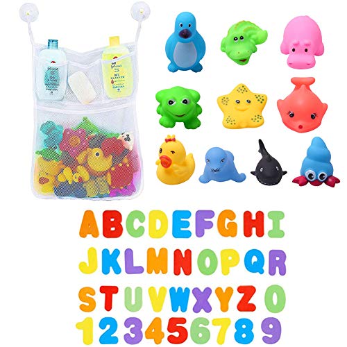 Juguetes para el Baño-Letras y Números+Juguetes de Sonido Toy Diverdidos Lindos para Agua Piscina Baño,Goma Flotante Floating Baby Bath Toys con baño Sucker Mesh Bolsa de Almacenamiento para bebés