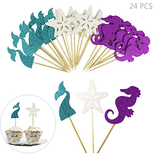 Juland 24 PCS Feliz cumpleaños, Torta, Topper Papel Cupcake Topper versátil y Duradero Decoraciones para Pasteles de Fiesta de cumpleaños para Adultos niños Estrella de mar Cola de Sirena Caballo