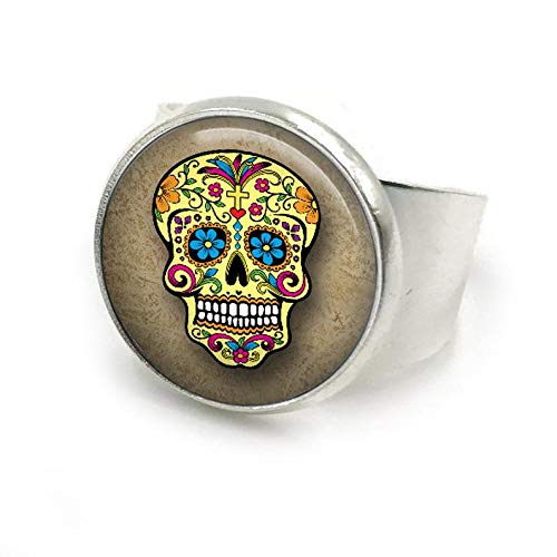 JUN Exquisito Anillo de Calavera de azúcar, Dia de Los Muertos, Anillo Ajustable, Halloween, Joyas de Calaveras de azúcar, Calavera, Regalo para Ella