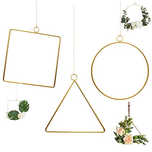 JUNICON Jun - Juego de 3 Aros Redondos de Metal con Acabado Dorado, para arreglos Florales, Manualidades, Anillos atrapasueños y Aros de macramé, con Cordel de Yute como Regalo