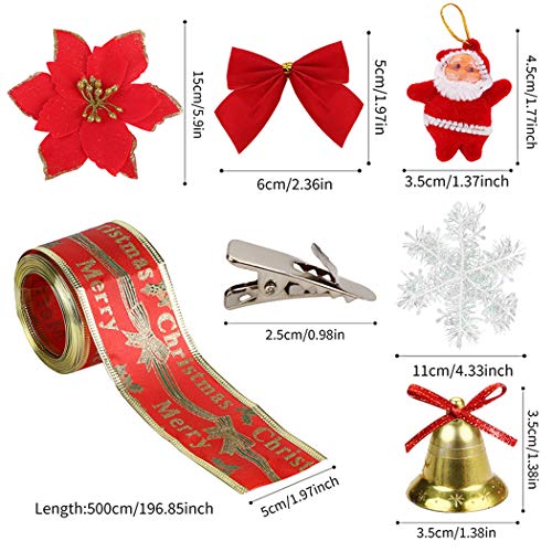 JUSTDOLIFE Flores de Navidad, Adorno Brillo Artificial Navidad Flores Rojas con Copos De Nieve Cinta De Papá Noel Bowknot Bell Clip para Decoraciones Navideñas(115PCS Adornos de árboles de Navidad)