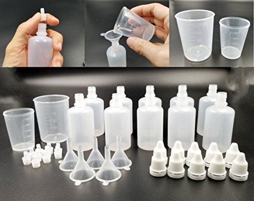 JZK 10 x Botes cuentagotas plástico Botellas cuentagotas 50ml con Vaso medidor, pipetas, embudos y frascos cuentagotas para líquidos esencias Aromas