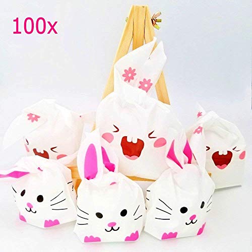 JZK 100 x Bolsas Regalo cumpleaños de plástico Forma de Conejo para Confeti merienda carameros Galleta piscolabis Frutos Secos Caramelos Chocolate