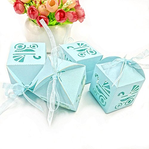 JZK 48 x Azul Cochecito de bebé Papel Perlado Cajas de Dulces a Favor con Cinta para Caramelos Regalo Bombones Recuerdos de bautizos Bodas Baby Shower comunión Santa