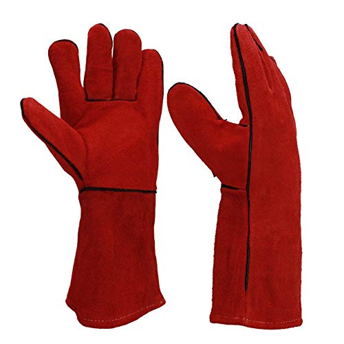 JZK Guantes de Soldador Resistentes al Calor, Guantes para Barbacoa Horno Soldadura Parrilla microondas Estufa Chimenea, Guantes soldar Largos Cuero