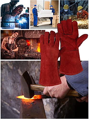 JZK Guantes de Soldador Resistentes al Calor, Guantes para Barbacoa Horno Soldadura Parrilla microondas Estufa Chimenea, Guantes soldar Largos Cuero