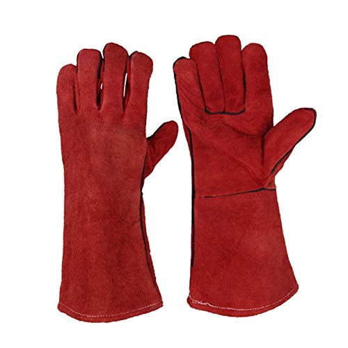 JZK Guantes de Soldador Resistentes al Calor, Guantes para Barbacoa Horno Soldadura Parrilla microondas Estufa Chimenea, Guantes soldar Largos Cuero