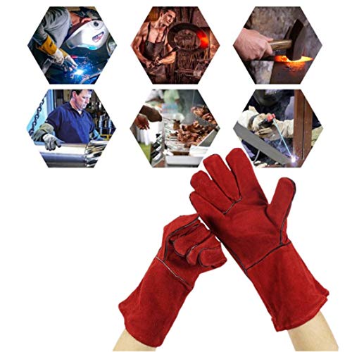 JZK Guantes de Soldador Resistentes al Calor, Guantes para Barbacoa Horno Soldadura Parrilla microondas Estufa Chimenea, Guantes soldar Largos Cuero