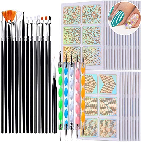 KAHEIGN Kit de Pintura de Uñas, 24 Hojas / 144 Piezas Plantillas de Vinilos de Uñas con 15 Pinceles de Diseño de Uñas Y 5 Piezas Herramienta de Punteado de Uñas para Principiantes Arte Uñas Gel UV