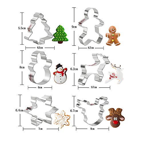 KAISHANE Cortadores de Galletas Navidad de Acero Inoxidable para Galletas de Navidad, Juego de 6 moldes para Galletas, Copo de Nieve, árbol de Navidad, Santa Cara, Reno, Manoplas y bastón de Caramelo