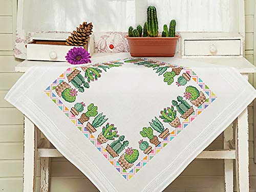 Kamaca - Kit de punto de cruz para mantel con diseño de cactus, con plantilla de bordado, de algodón, para coser uno mismo