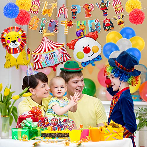 KATELUO Kit de Decoraciones de Fiesta de Circo con Globos, Payaso Globo para Circo Parque de Atracciones cumpleaños, Cumpleaños 1 Año Carnaval Fiesta Decoracion Globos de Cumpleaños Banner