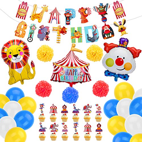 KATELUO Kit de Decoraciones de Fiesta de Circo con Globos, Payaso Globo para Circo Parque de Atracciones cumpleaños, Cumpleaños 1 Año Carnaval Fiesta Decoracion Globos de Cumpleaños Banner